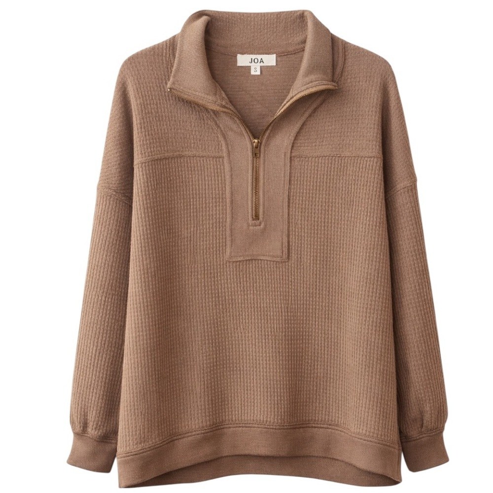 JOA Waffle Knit Half Zip Pullover Taupe Brown Size M Cozy Oversized Sweater